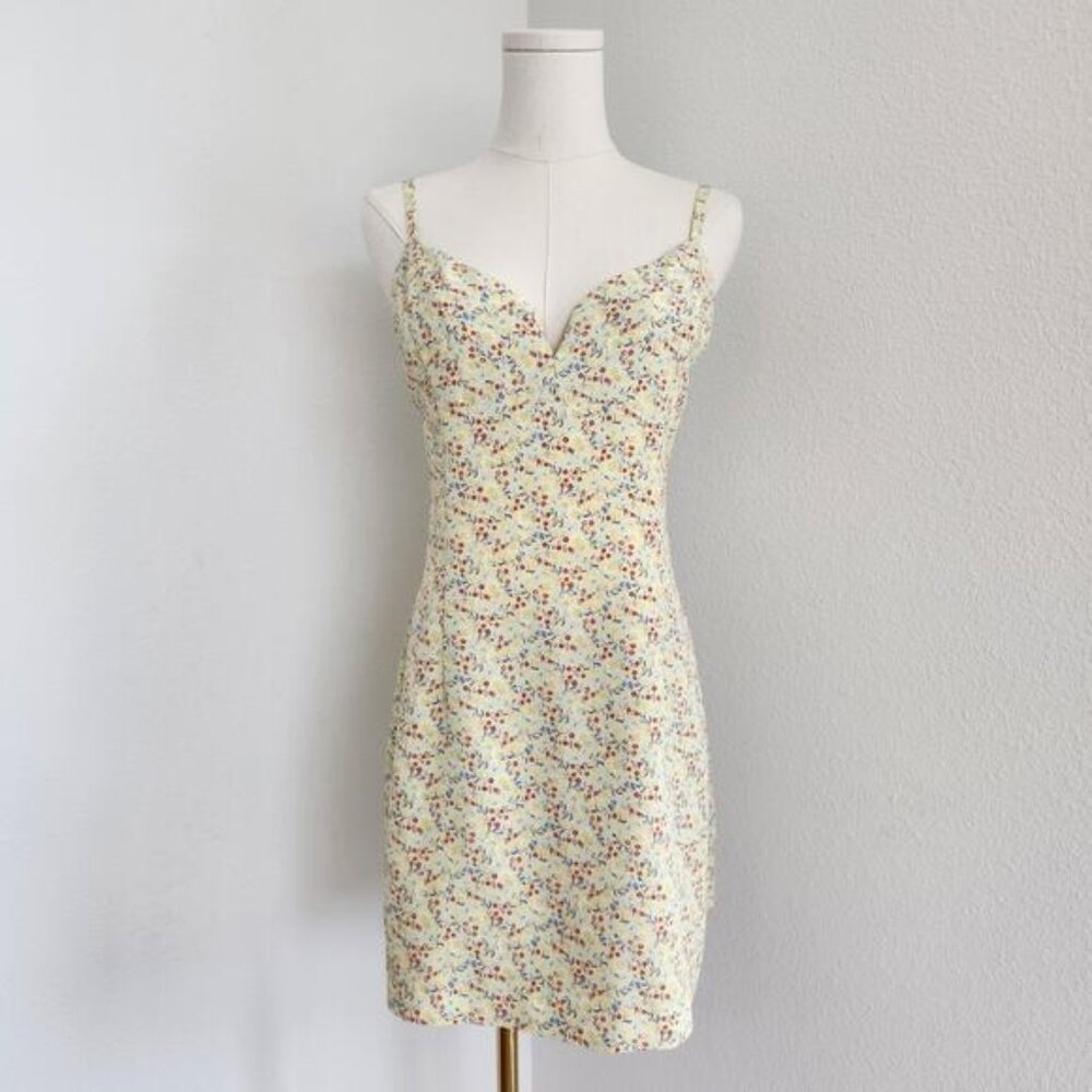 90s Express Yellow Blue Red Floral Romper Skort Dress Mini Spaghetti Strap S